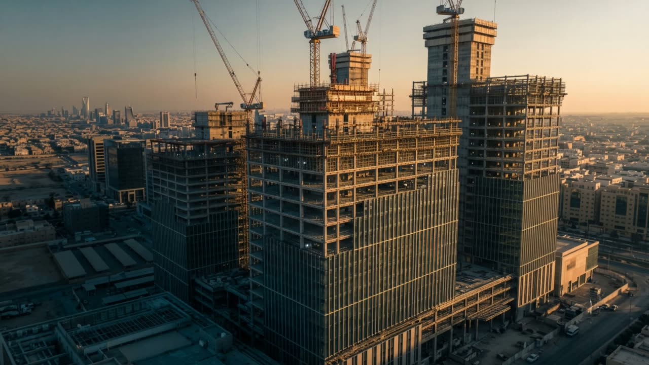 Aerial view of a Qottuf Jazeera tower under construction at sunset in Riyadh.