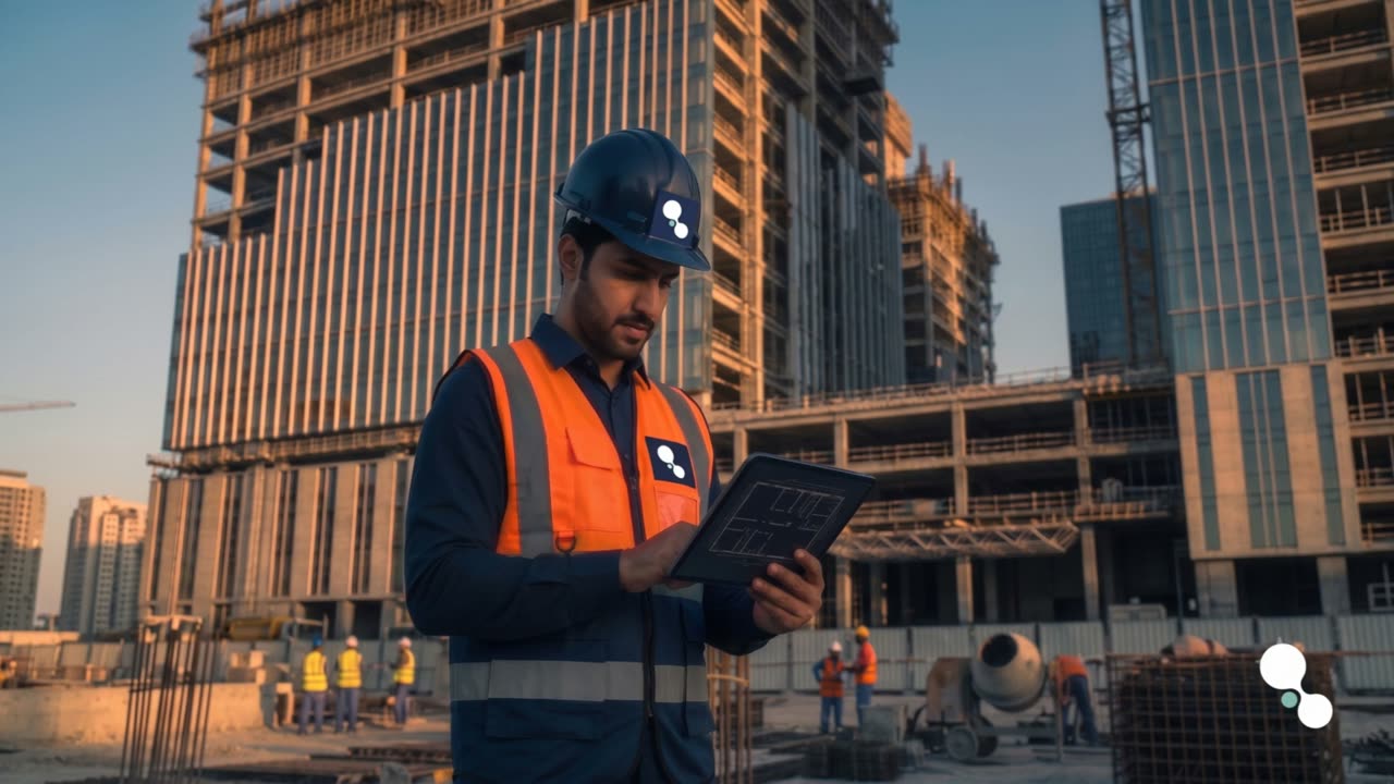 A Qottuf Jazeera engineer reviewing a floor plan on site.