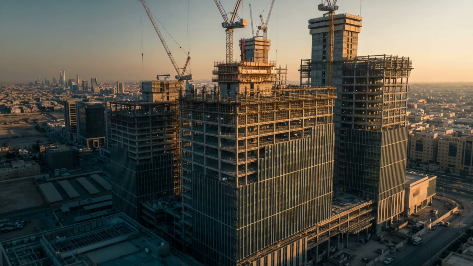 A Qottuf Jazeera tower under construction at sunset in Riyadh.